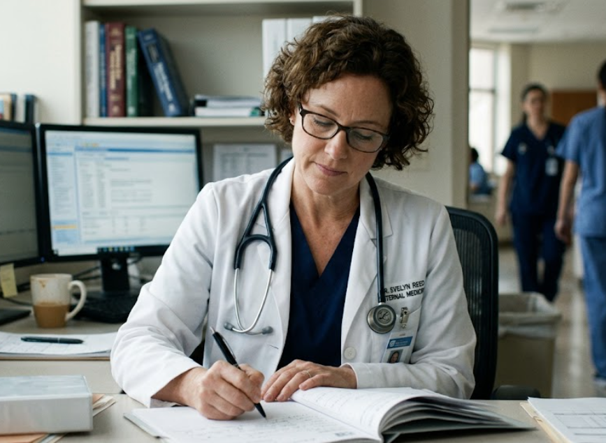 Male doctor sitting at a desk taking notes in a realistic hospital environment